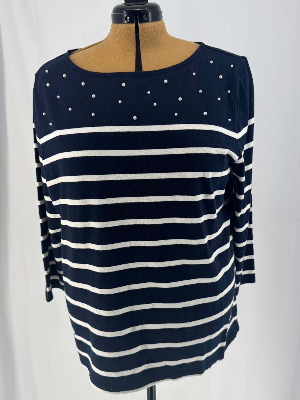 EUC Talbots Navy and White Striped Pearl-Accent Long Sleeve Top 0035
